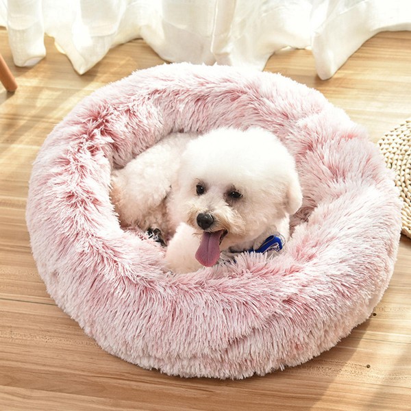 Pet Dog Cat Calming Bed Round Warm Soft Plush Sleeping Donut Cushion Mat Pad Puppy Kennel - S White