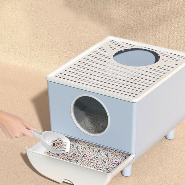 Cat Litter Box Drawer Design Bedpen Fully Enclosed Deodorant Pet Toilet for Cats Supplies - Blue