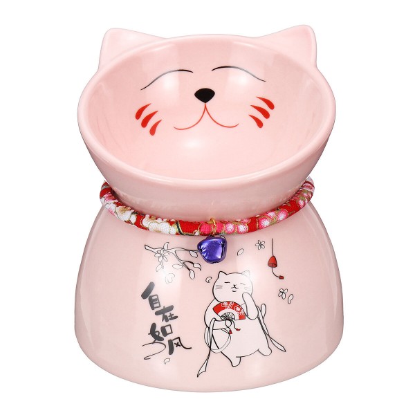 Special Design Cute Lucky Cat Shape Pet Food Bowl Raised Ceramics Pink Cat Bowl Food Feeder for Small Dog Pet Accessories - Whit