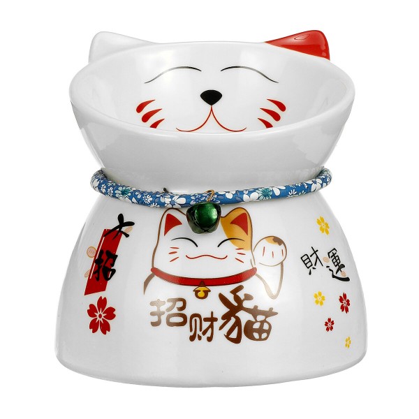 Special Design Cute Lucky Cat Shape Pet Food Bowl Raised Ceramics Pink Cat Bowl Food Feeder for Small Dog Pet Accessories - Whit