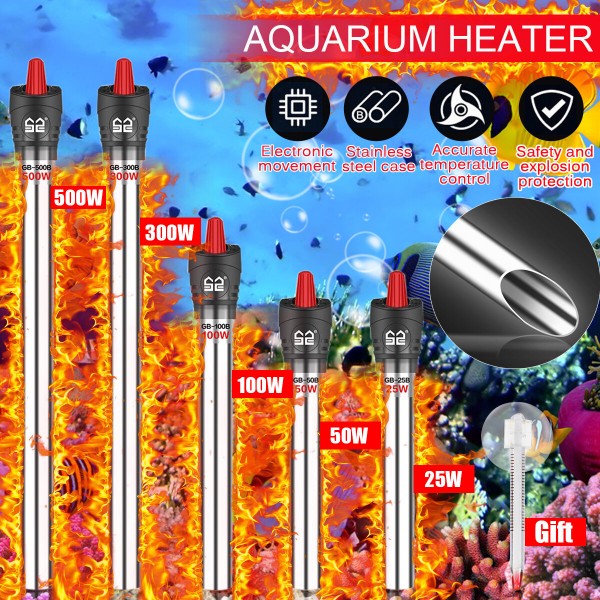 25W-500W Aquarium Submersible Tank Fish Heater Stainless Steel Heating Rod Water Thermostat - 100W AU Plug