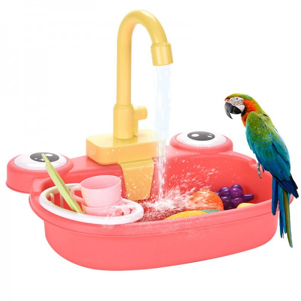 Automatic Bird Bath Tub with Faucet Pet Parrots Fountains SPA Pool Cleaning Tool Safe Play House Kitchen Sink Birds Toy -  Pink