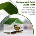 WOPPAY Window Bird Feeders for Outside, Bird Feeder Nature Green Large Roof with Artificial Grass, Removable Sliding Tray, Drain