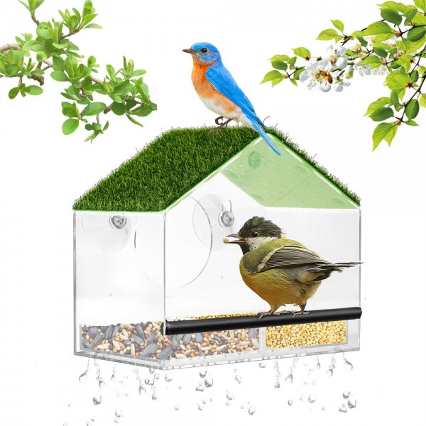 WOPPAY Window Bird Feeders for Outside, Bird Feeder Nature Green Large Roof with Artificial Grass, Removable Sliding Tray, Drain
